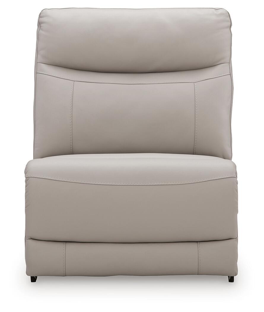 Gray armless chair with tall padded backrest and cushioned seat