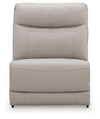 Gray armless chair with tall padded backrest and cushioned seat