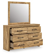 Light brown six-drawer dresser with square mirror; drawers partly open, black pulls.