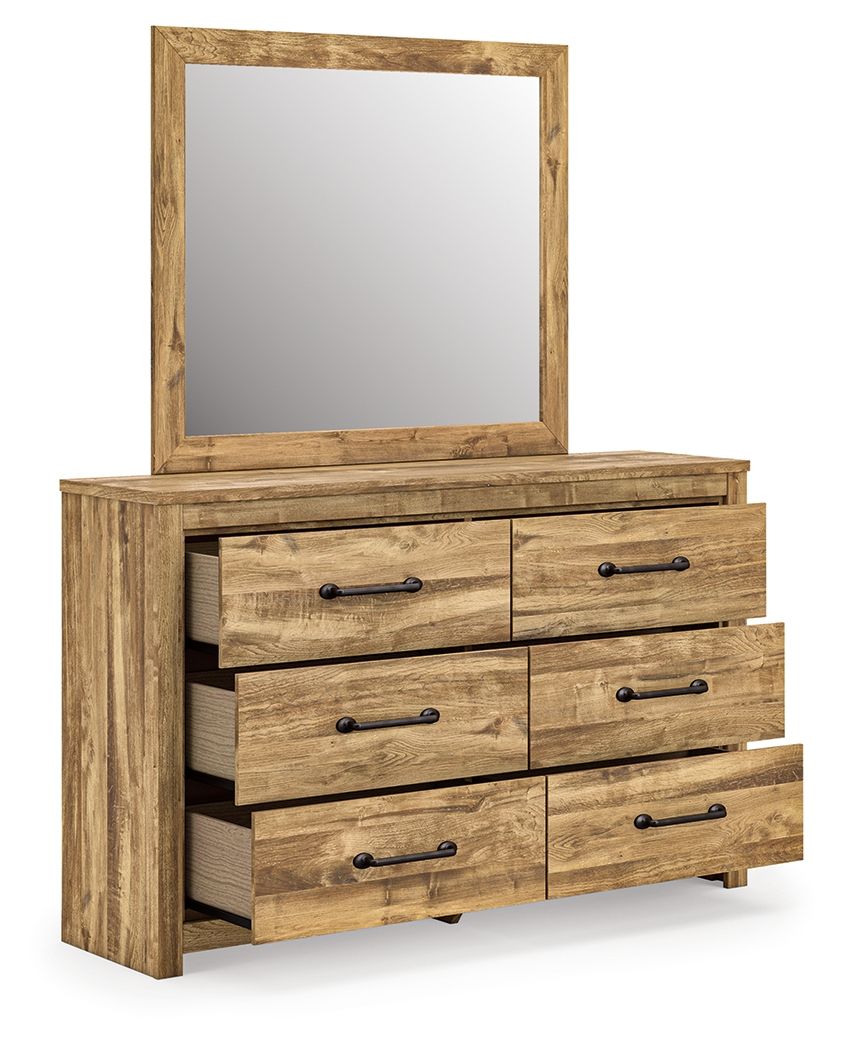 Light brown six-drawer dresser with square mirror; drawers partly open, black pulls.