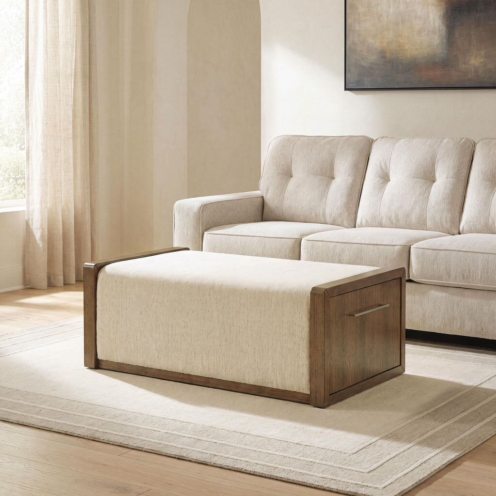 Beige upholstered storage ottoman with hinged lid and brown wooden sides