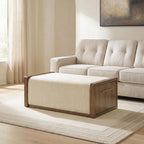 Beige upholstered storage ottoman with hinged lid and brown wooden sides