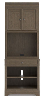 Weathered gray bookcase with upper double doors, open cubby, and lower shelves
