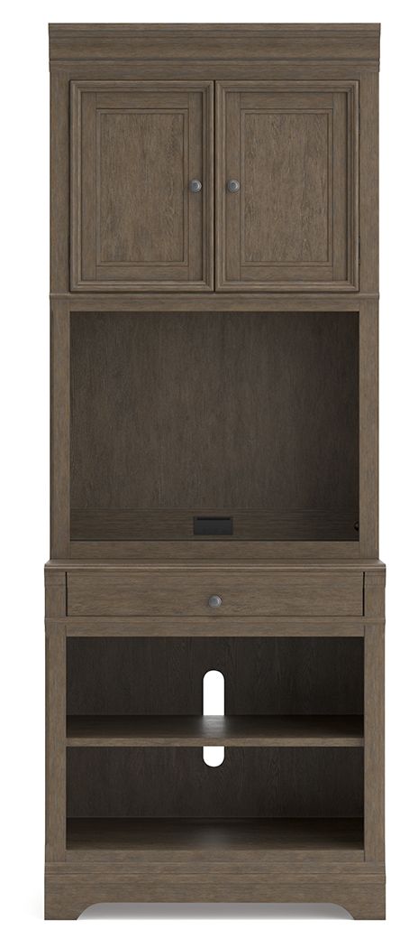 Weathered gray bookcase with upper double doors, open cubby, and lower shelves