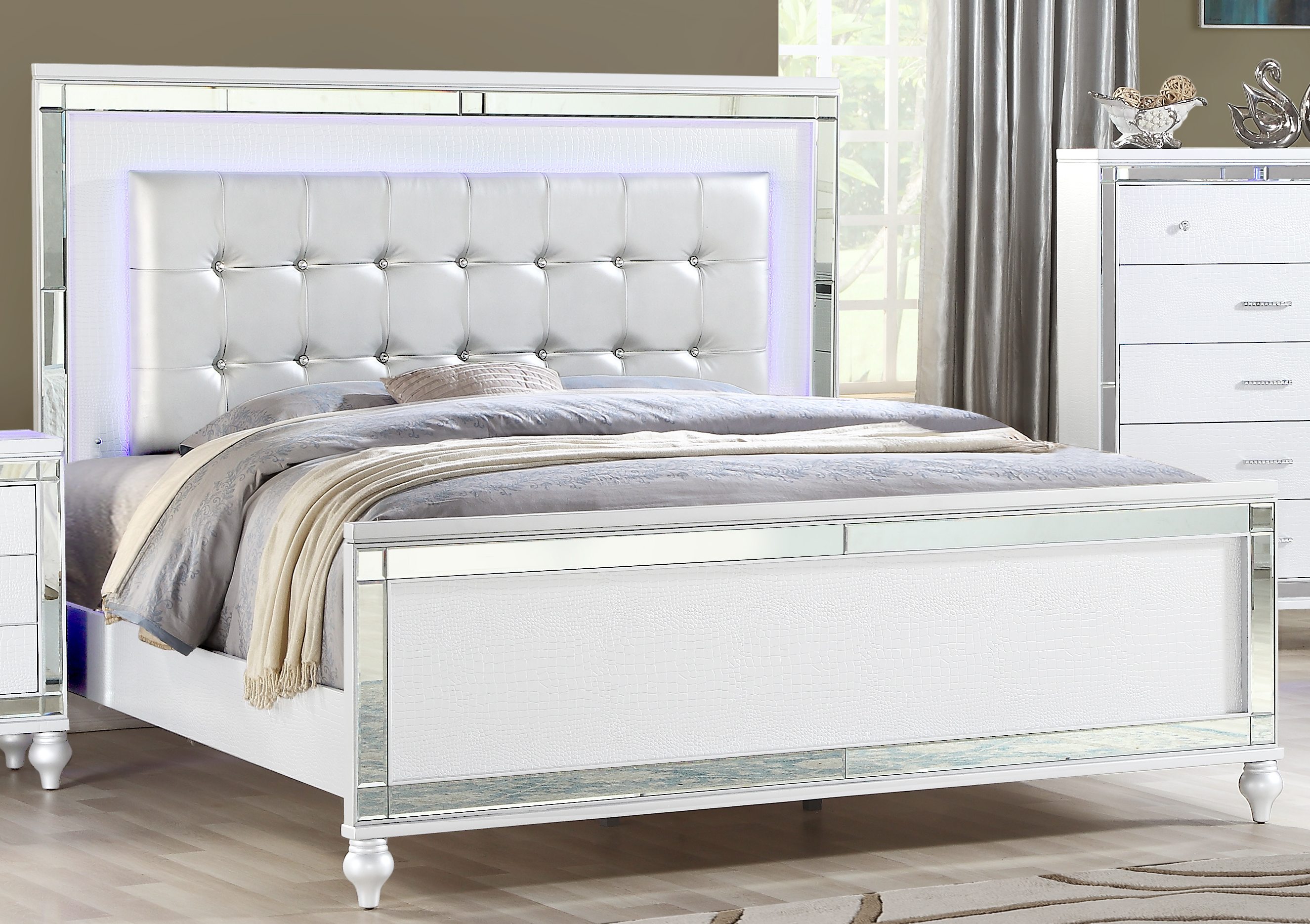 Sterling Queen Upholstered LED Bed White Wood Frame