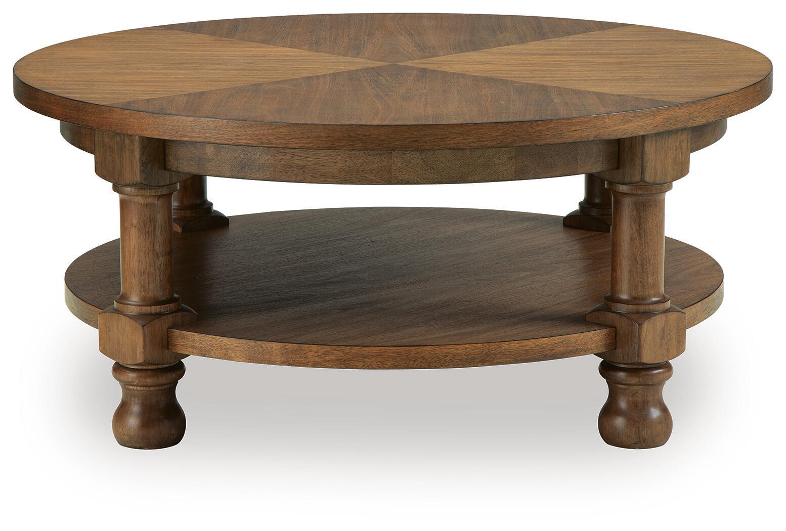 Round light brown wooden end table with round apron detail and lower shelf