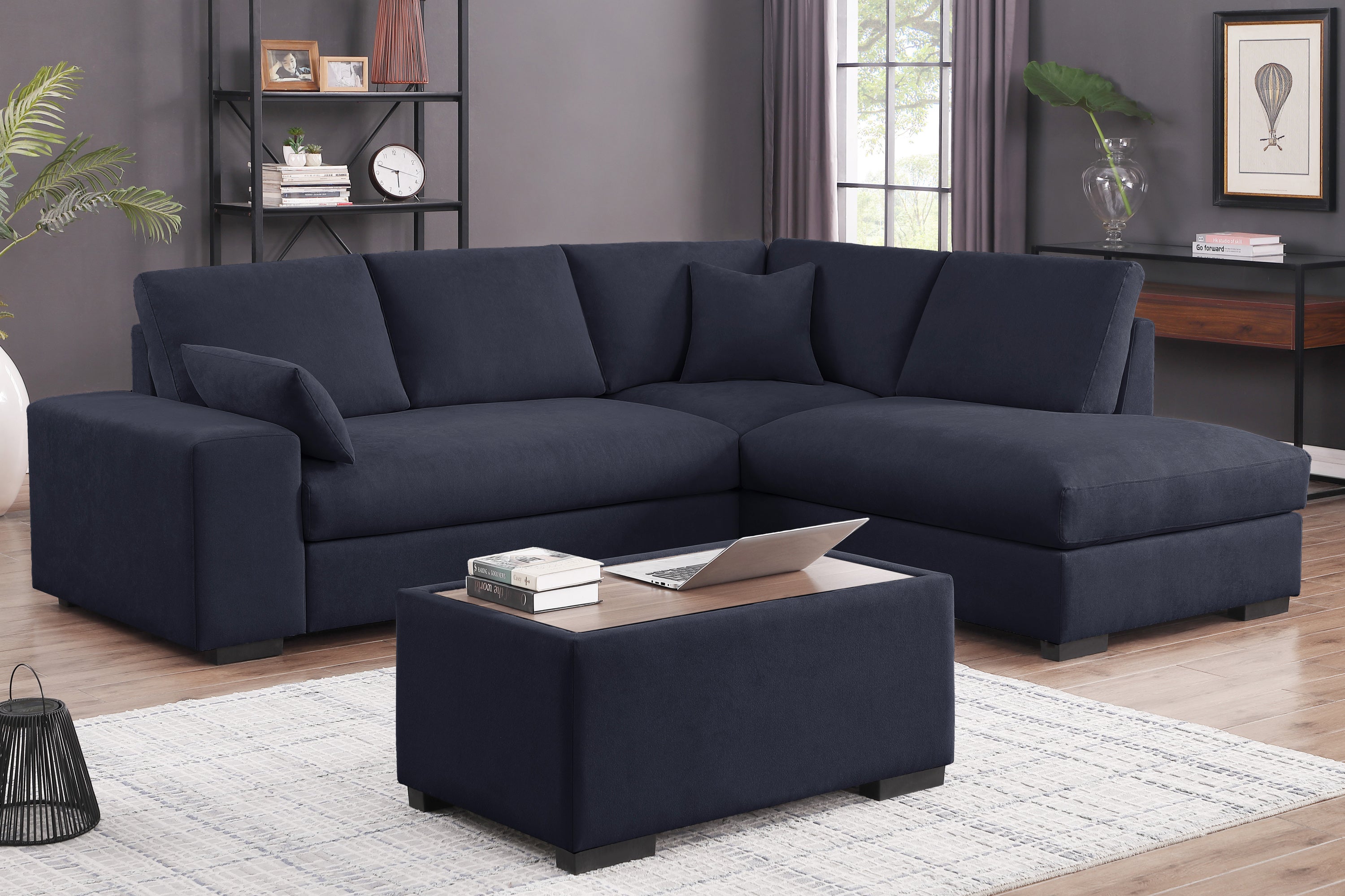 Joshua 100"W Dark Gray Fabric Sectional Sofa w/ Chaise & Ottoman
