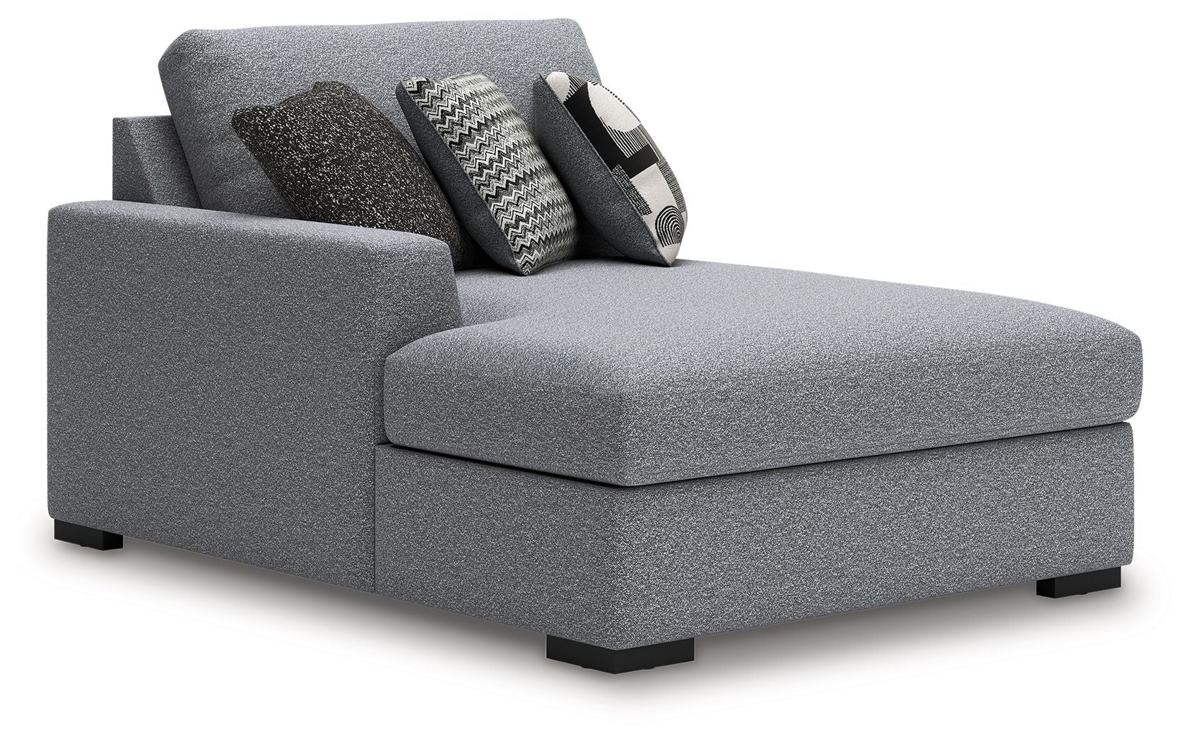 Grey fabric chaise section with armrest and ottoman-style seat