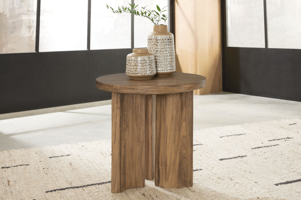 Warm brown round end table with single pedestal base and circular top