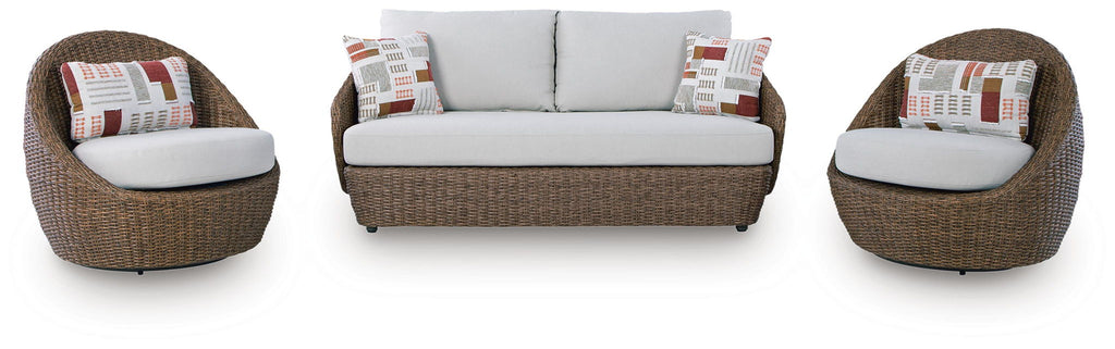 Wicker loveseat and swivel chairs set with beige seat and patterned back cushions