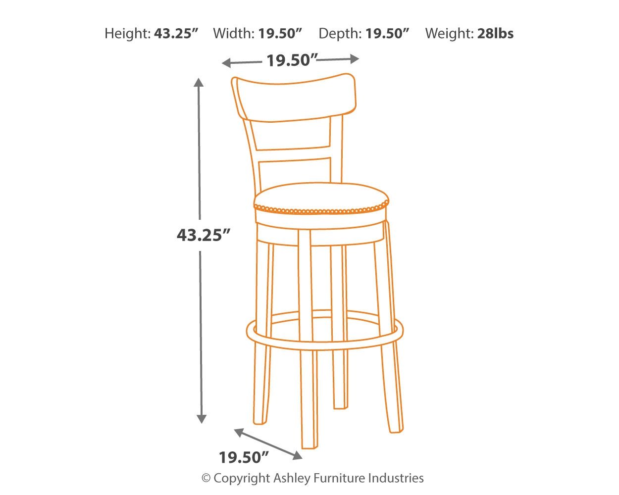 Swivel barstool diagram with dark round seat, light wood legs, and black swivel ring