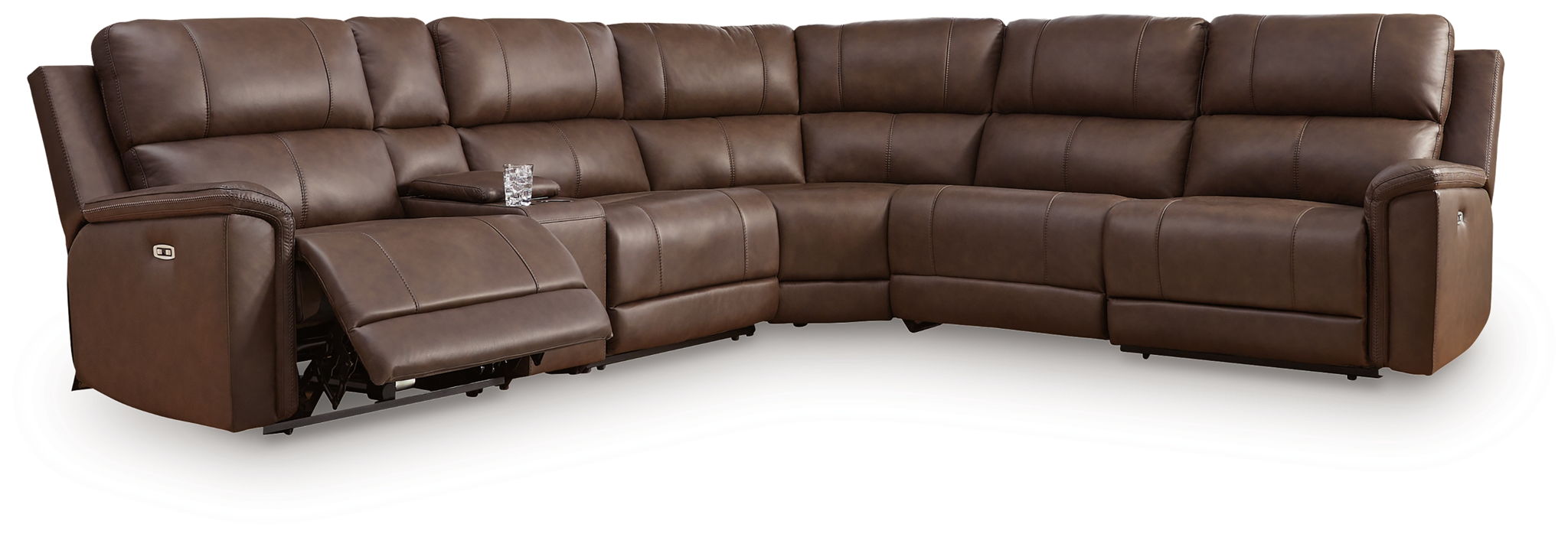 Brown reclining sectional sofa with built-in power recline loveseat section
