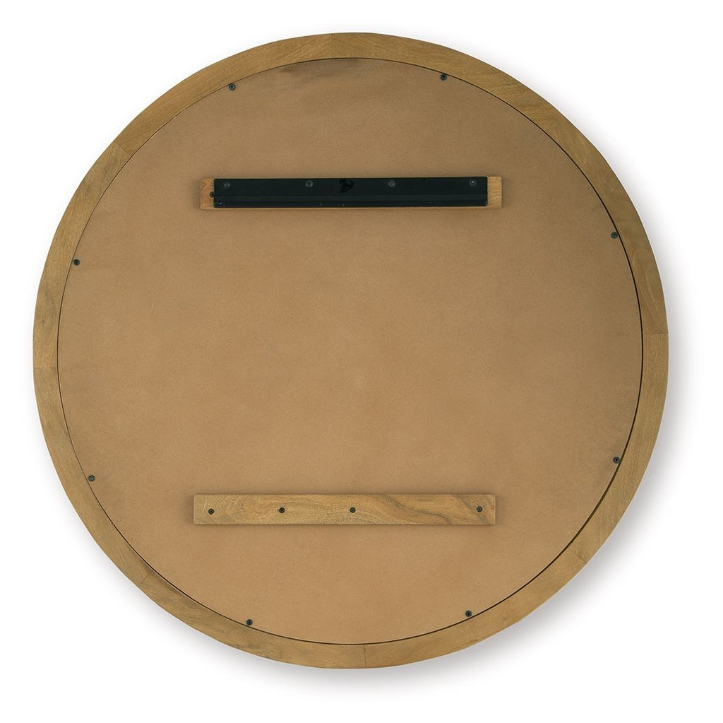 Yadiel brown round accent mirror back with wood-look panel and screws