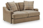 Beige loveseat with plaid throw pillows, wide square arms and two seat cushions