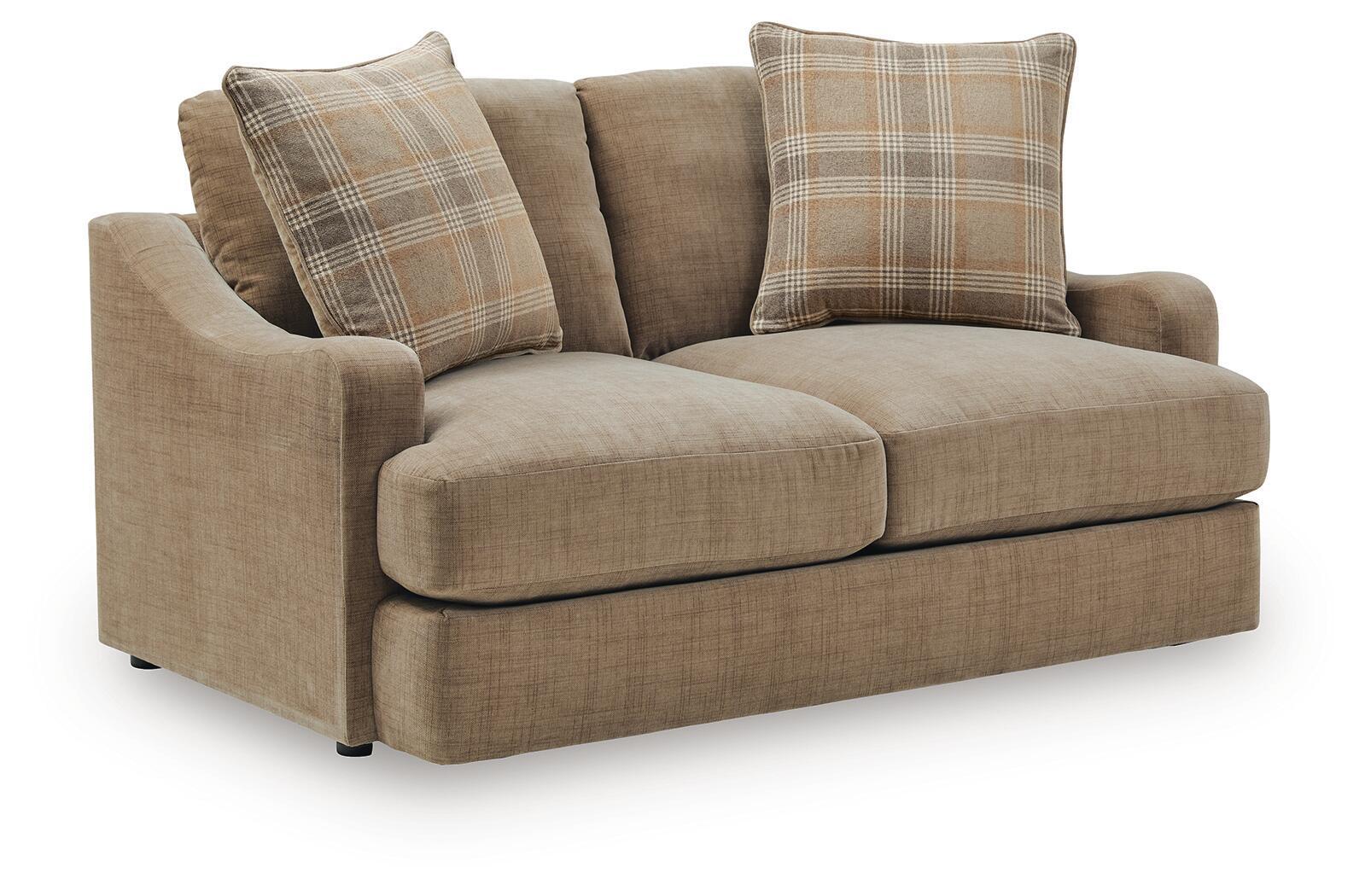 Beige loveseat with plaid throw pillows, wide square arms and two seat cushions