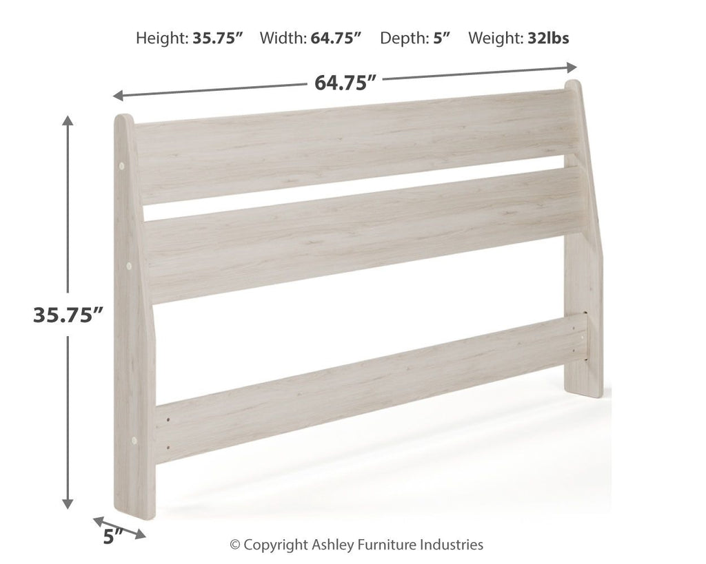 Light beige panel headboard with height 35.75" and width 64.75" measurements