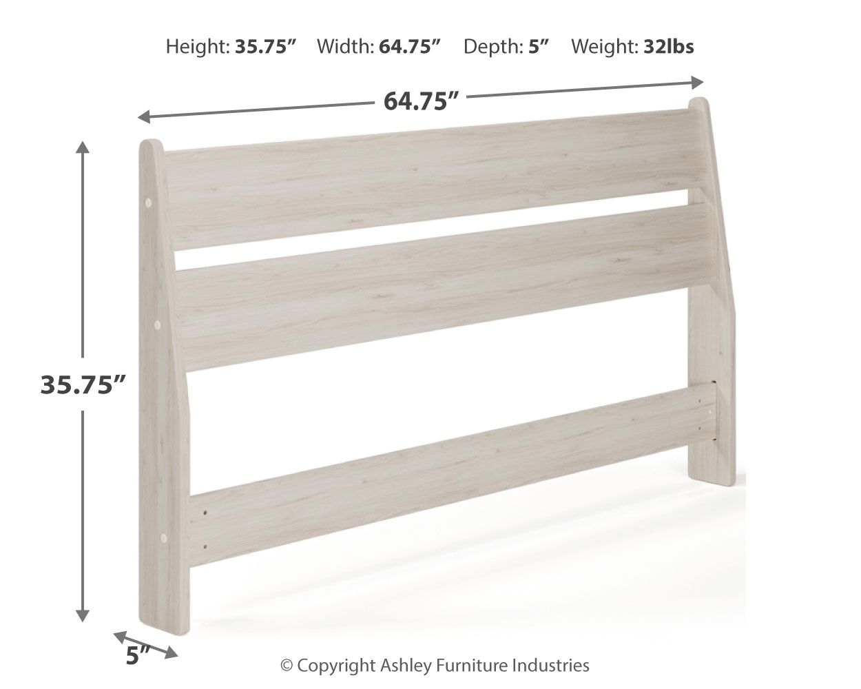 Light beige panel headboard with height 35.75" and width 64.75" measurements