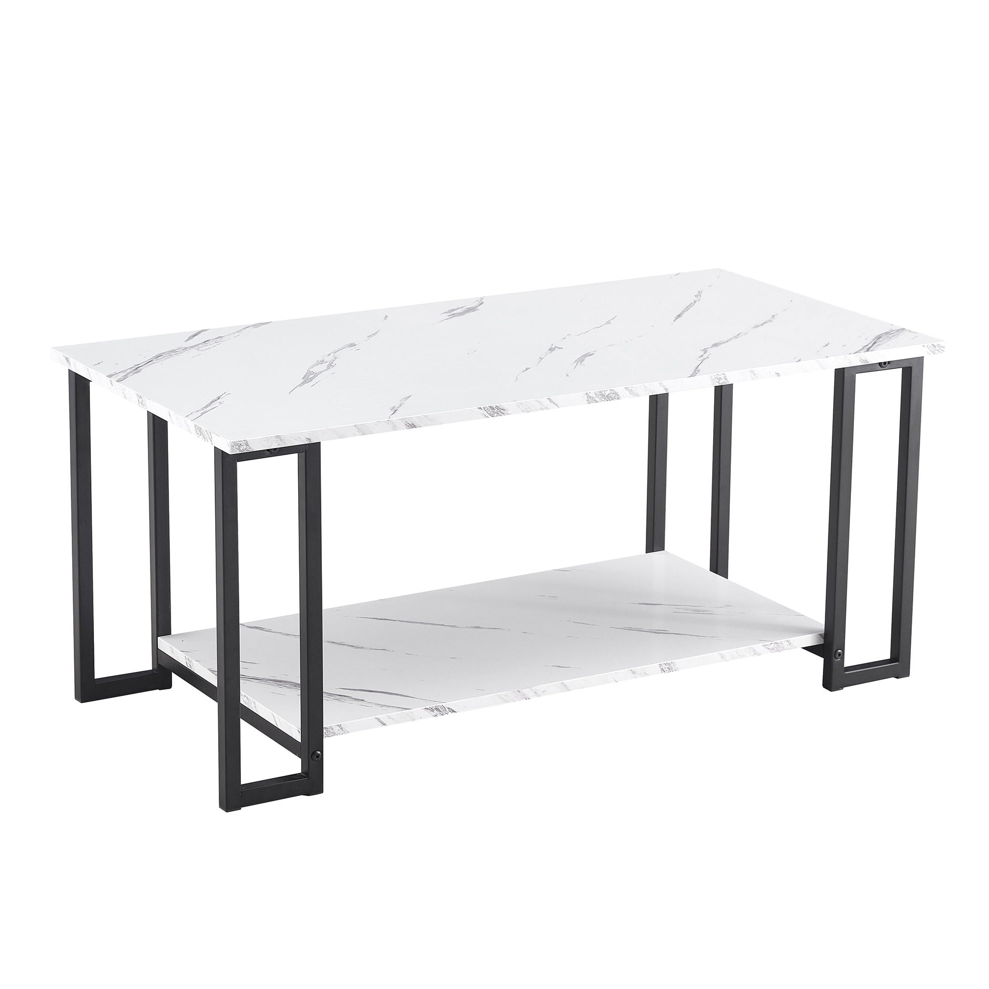 D & N Coffee Table, 2 Layers 1.5Cm Thick Marble MDF Rectangle 39.37" L Tabletop Iron Coffee Table, Dining Room, Coffee Shop, Resterant - White Top - Black Leg