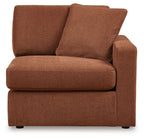 Spice brown corner chair with two back cushions, wide arm, and square seat base