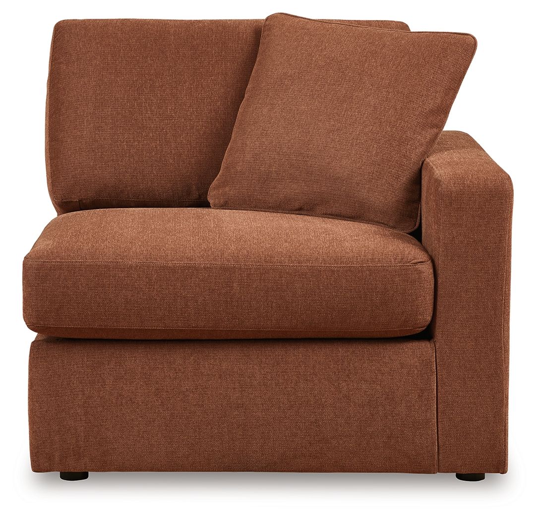 Spice brown corner chair with two back cushions, wide arm, and square seat base
