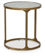Round side table with light gray stone top, gold frame, and lower shelf