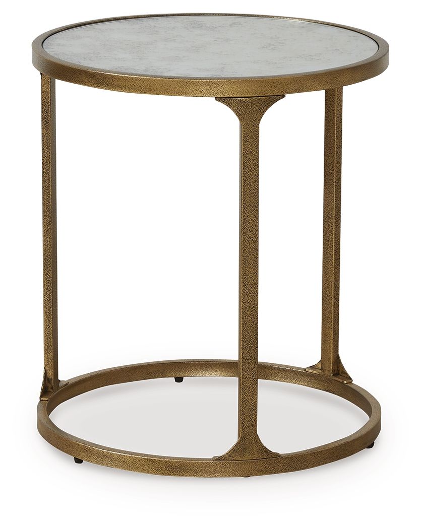 Round side table with light gray stone top, gold frame, and lower shelf