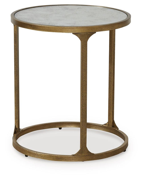 Round side table with light gray stone top, gold frame, and lower shelf
