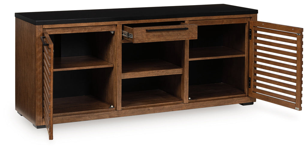 Dark brown credenza with black top, two open shelving bays, and side cabinet doors