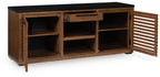 Dark brown credenza with black top, two open shelving bays, and side cabinet doors