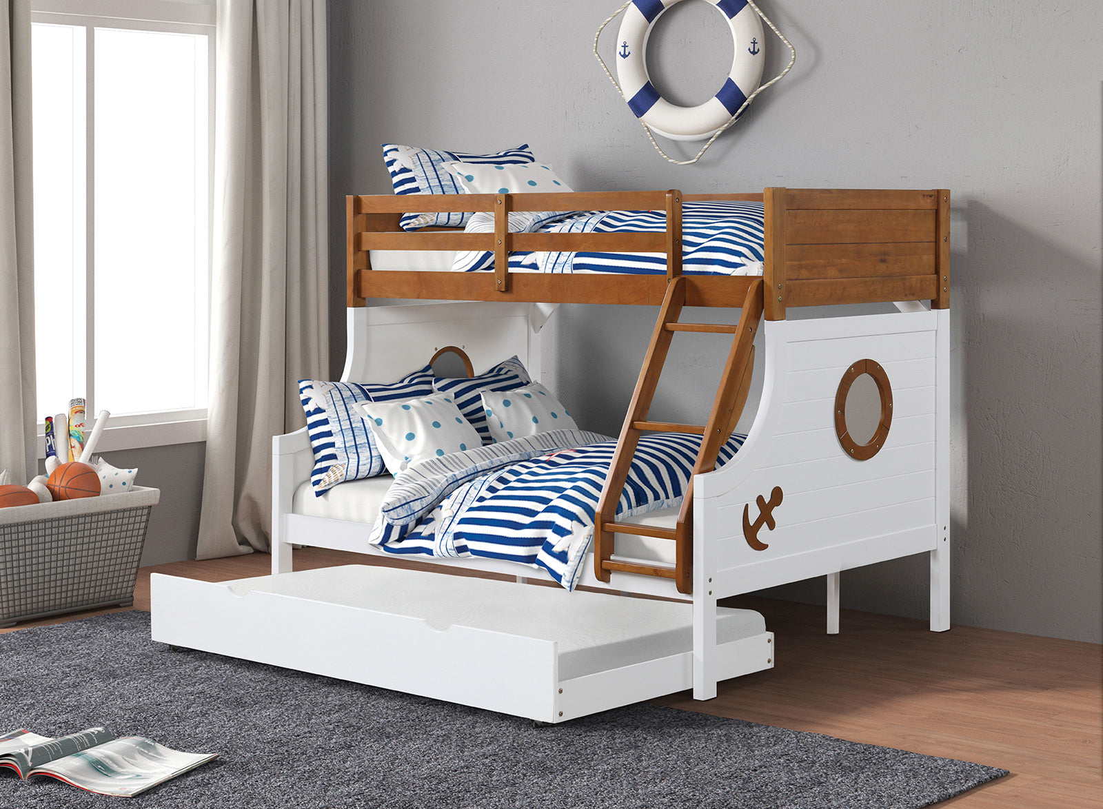 Modern Twin Over Full Bunk Bed w/ Ladder, Safety - Oak/White Finish