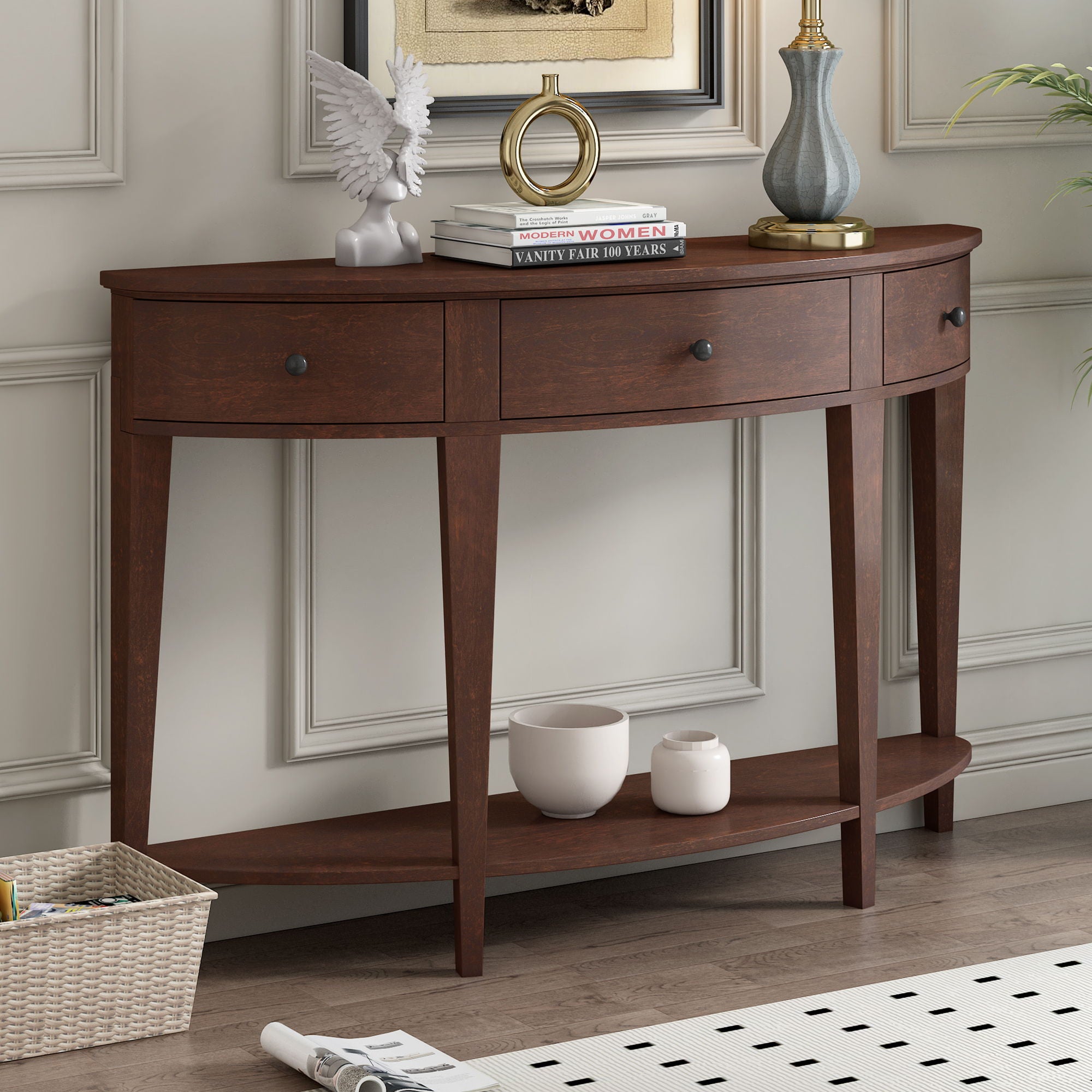 U-Style Modern Curved Console Table Sofa Table With 3 Drawers And 1 Shelf For Hallway, Entryway, Living Room - Espresso