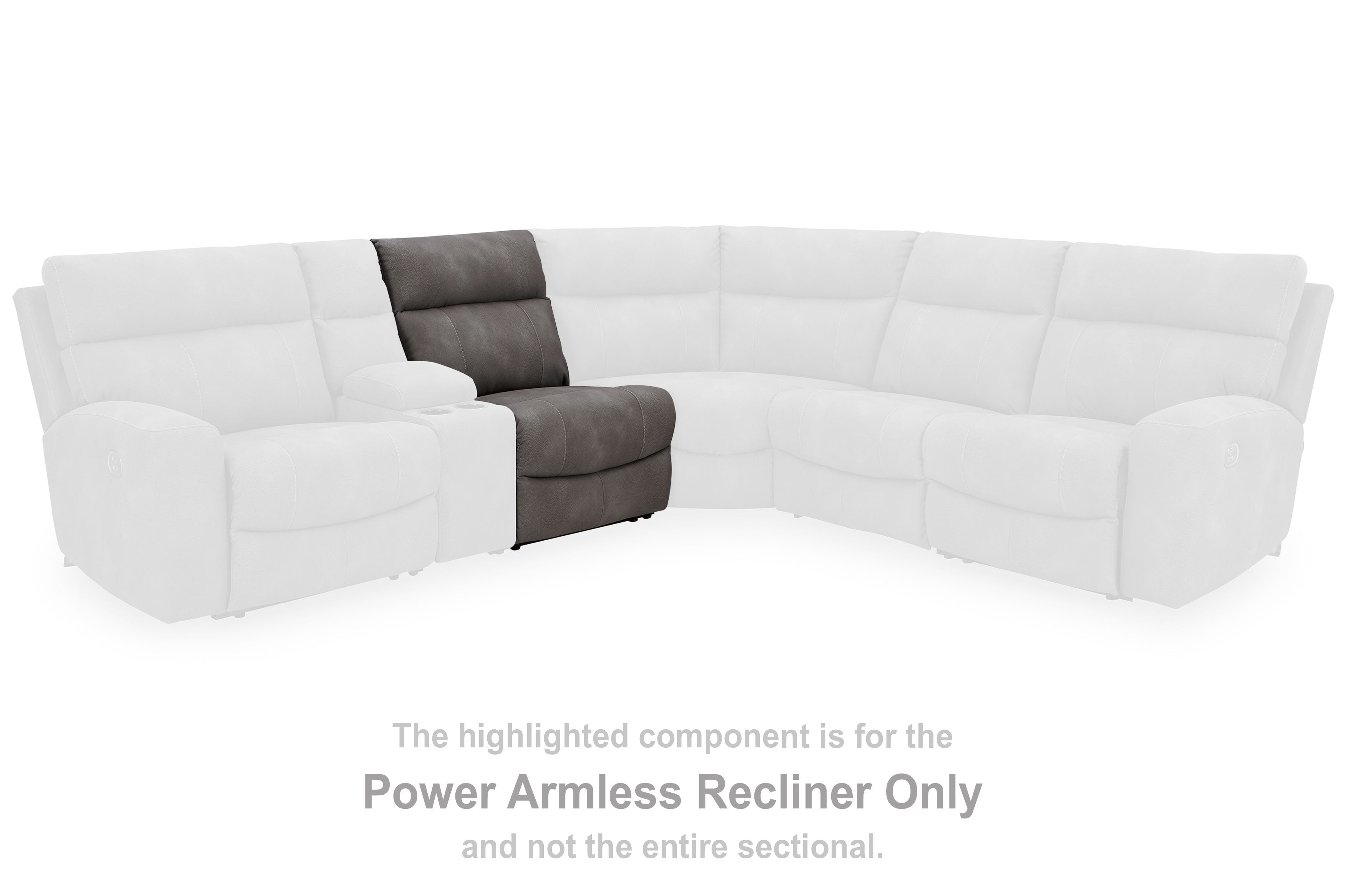 Slate power armless recliner section with padded back and seat, adjustable headrest