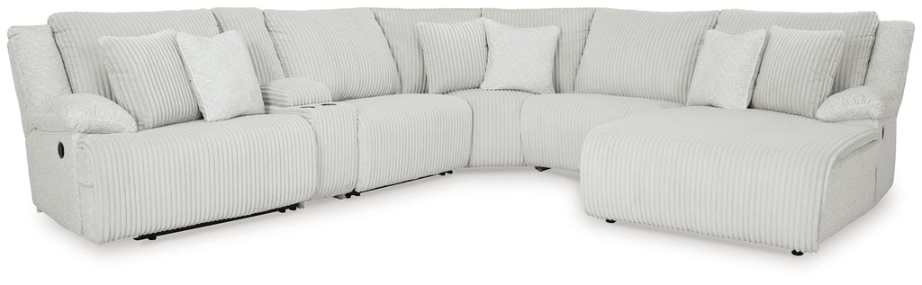 Light gray reclining sectional sofa with chaise and padded back cushions