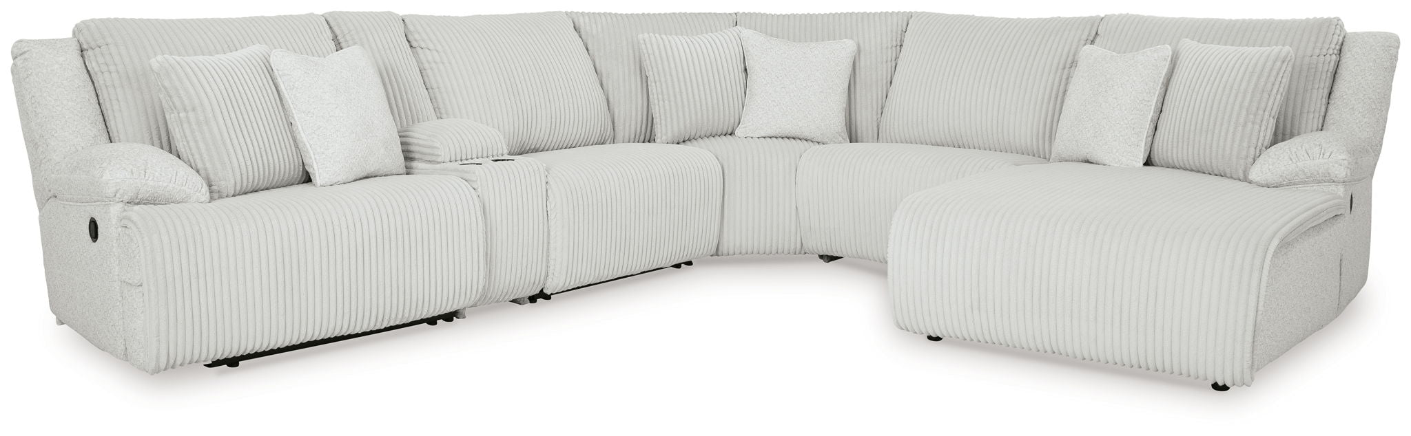 Light gray reclining sectional sofa with chaise and padded back cushions