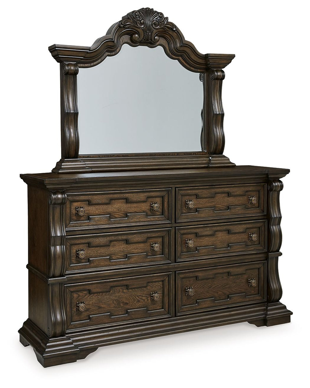 Dark brown dresser with arched mirror and six drawer fronts, ornate woodwork
