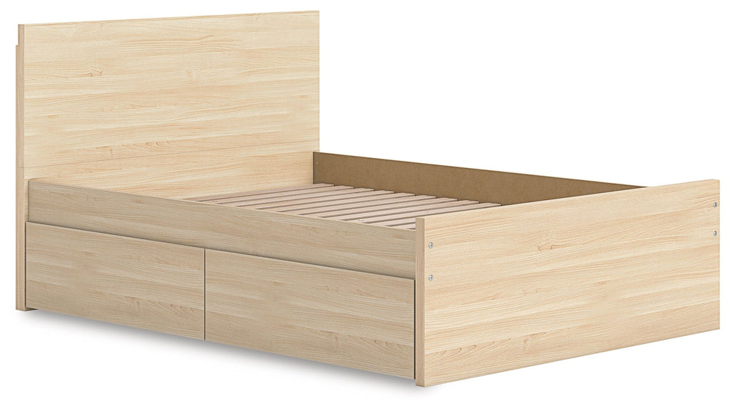Light brown wood platform bed with panel headboard and two storage drawers on the side.