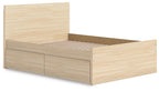 Light brown wood platform bed with panel headboard and two storage drawers on the side.