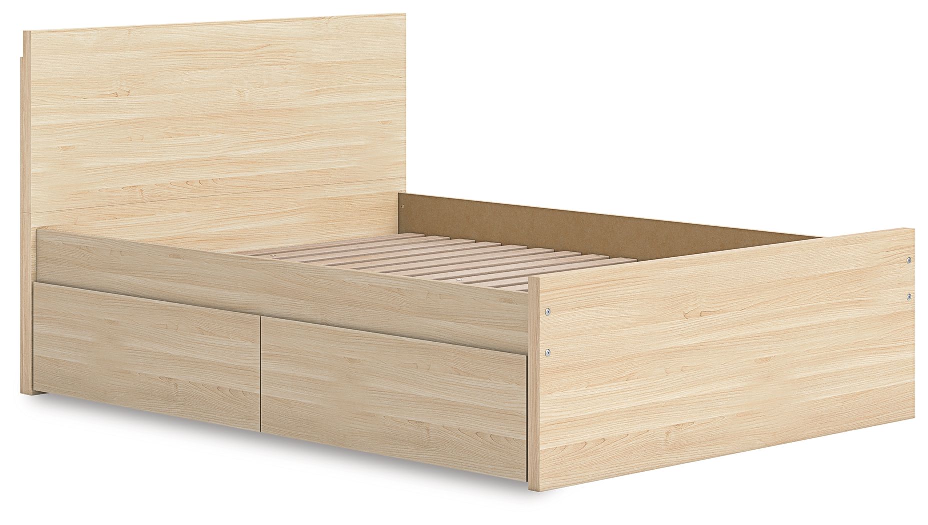 Light brown wood platform bed with panel headboard and two storage drawers on the side.