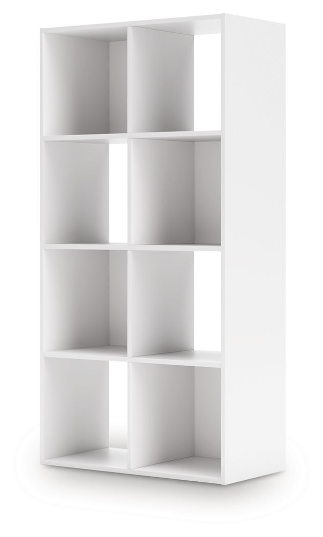White cube storage organizer with open cubbies, angled view of the shelving unit