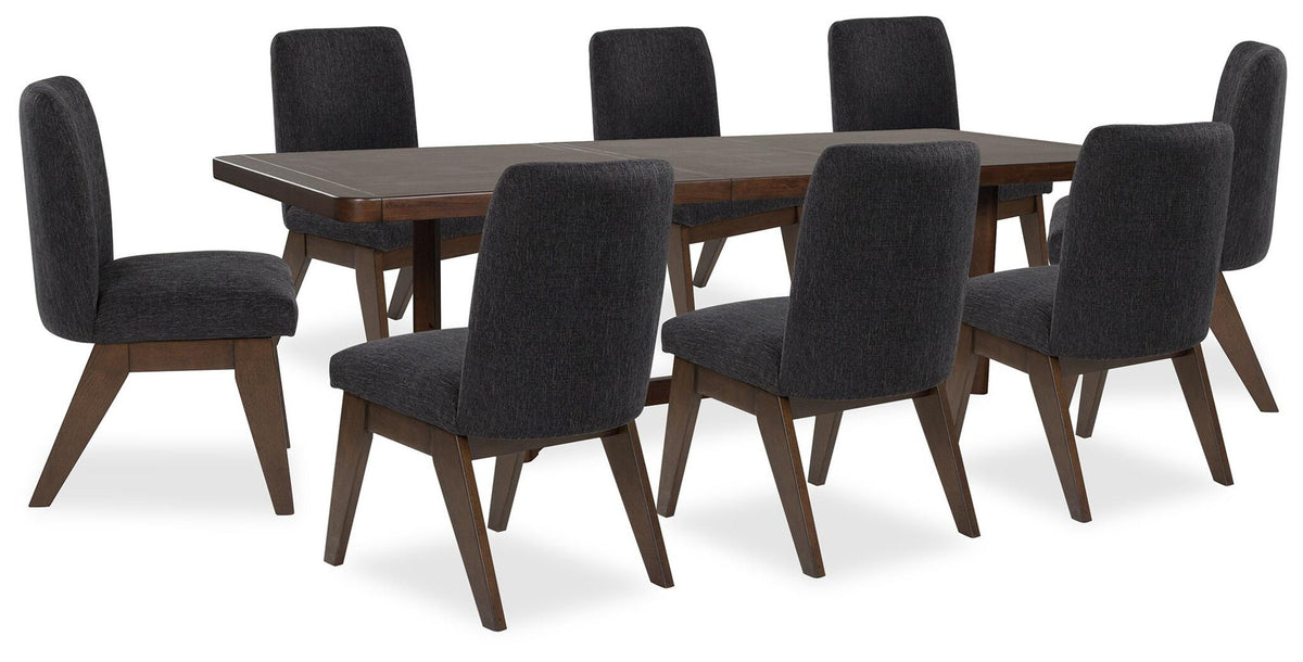 Dining table set with dark brown tabletop and six dark gray upholstered chairs