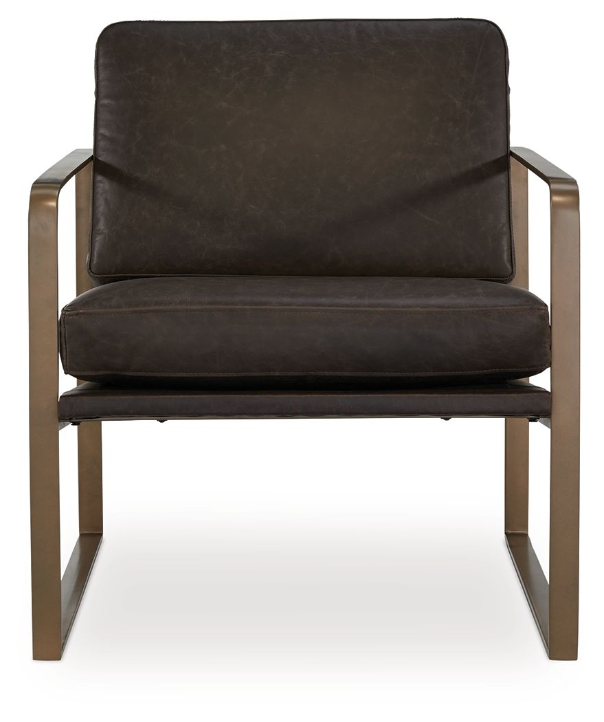 Dark brown accent chair with tall back, padded arms, and gold metal frame