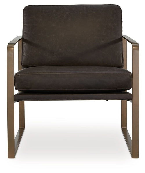 Dark brown accent chair with tall back, padded arms, and gold metal frame
