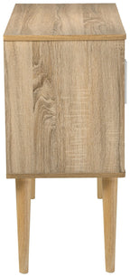 Light wood accent cabinet with one door, gold handle, and tapered legs