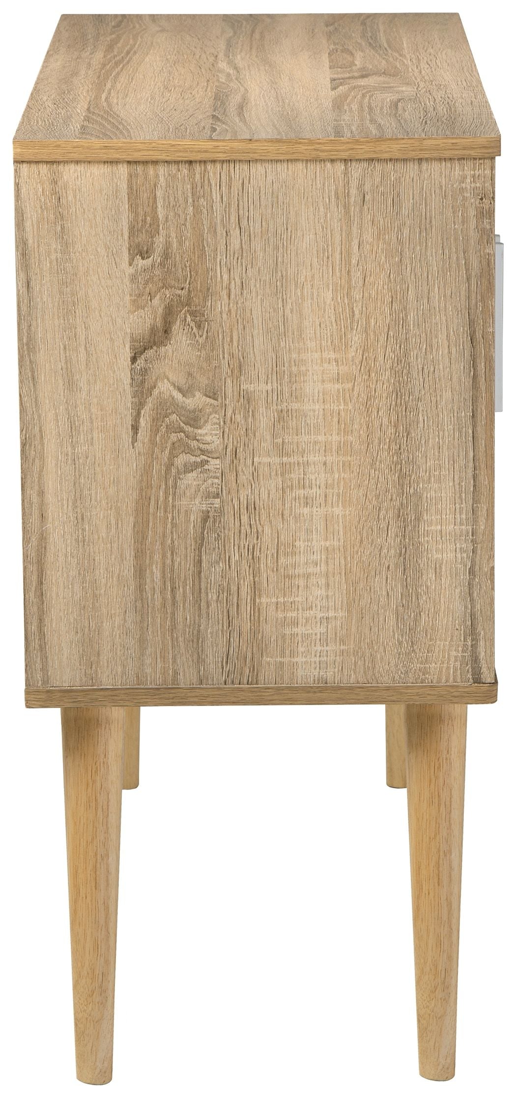Light wood accent cabinet with one door, gold handle, and tapered legs