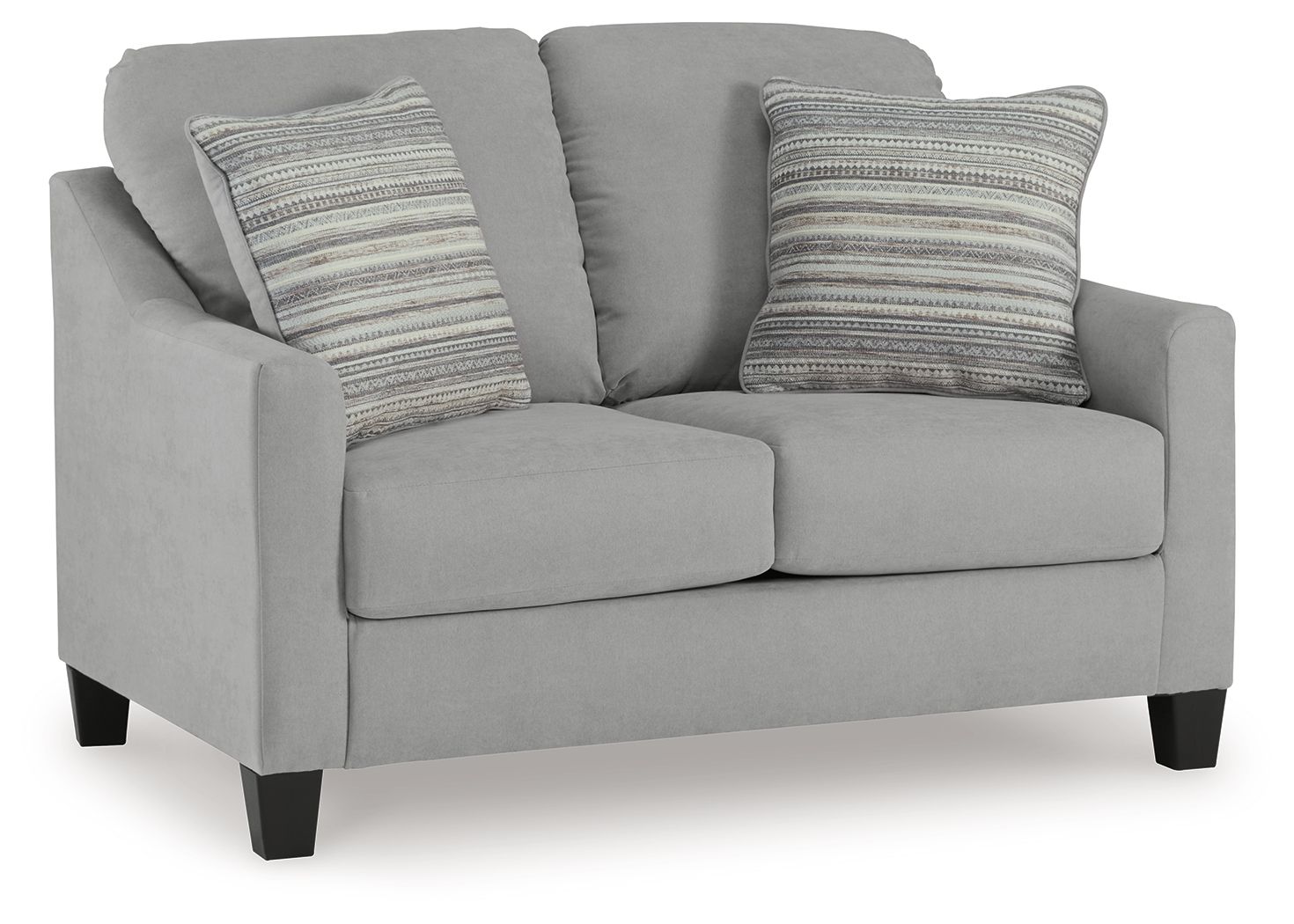 Gray loveseat with two seat cushions and four striped accent pillows