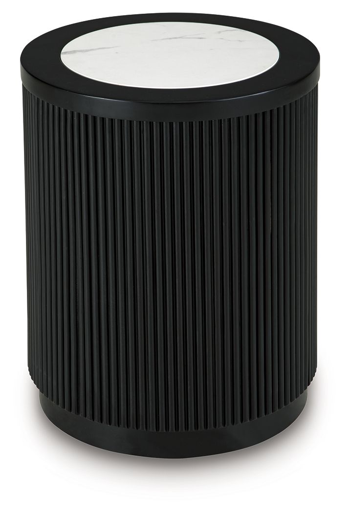 Black ribbed round table with white marble-look top and rounded base