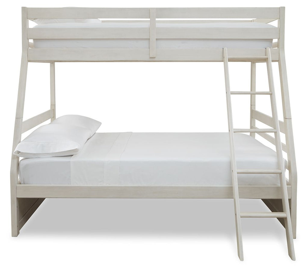 White bunk bed with guard rails and ladder; upper guard rail and mattress frame