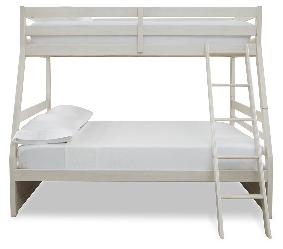White bunk bed with guard rails and ladder; upper guard rail and mattress frame