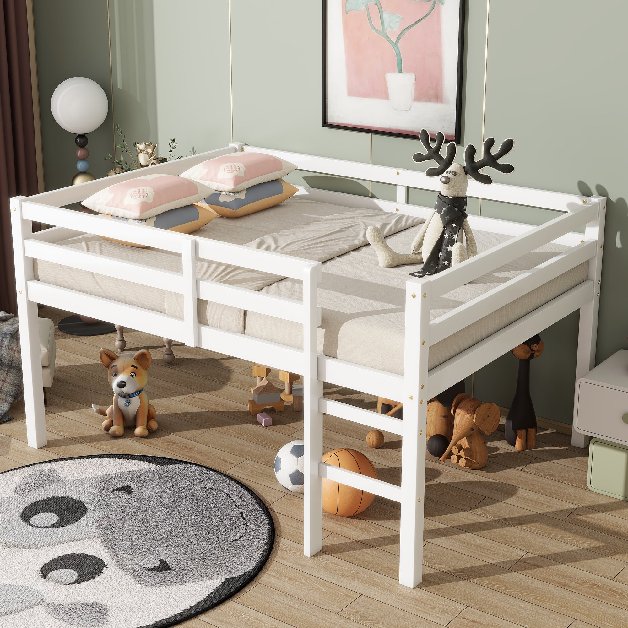 White Full Rubber Wood Loft Bed with Ladder