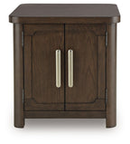 Dark brown 2-door rectangular end table with centered silver bar handles and flat top